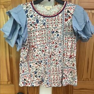 Anthropologie Floral Patchwork Top with Blue Sleeves